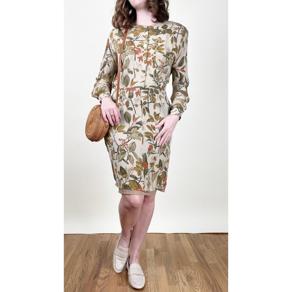 Vintage 100% Silk Novelty Print Floral Foliage Shirt Mini Midi Dress Long Sleeve - Picture 7 of 7